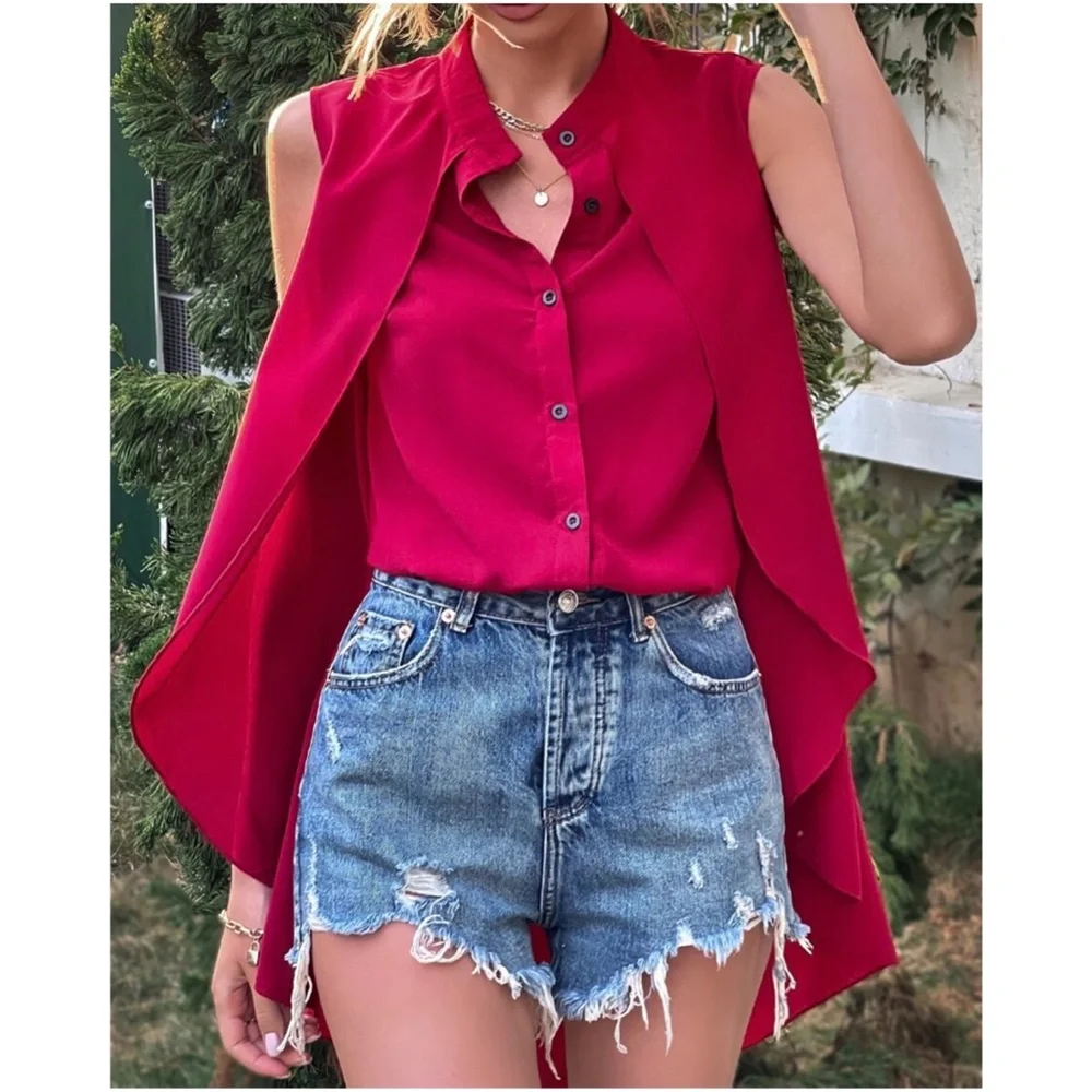 Boho Red Button up Layered Sleeveless Top Work Office - Picture 2 of 8